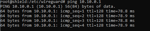 Ping from WATCHTOWER to DC01 at 10.10.0.1 showing successful replies through WireGuard tunnel